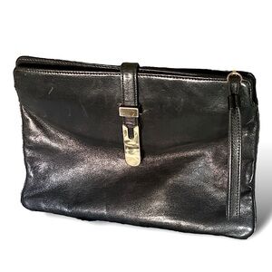 MEYERS USA Black Leather Clutch Double Pouch Wristlet Gold Hardware 10”x 7.5”
